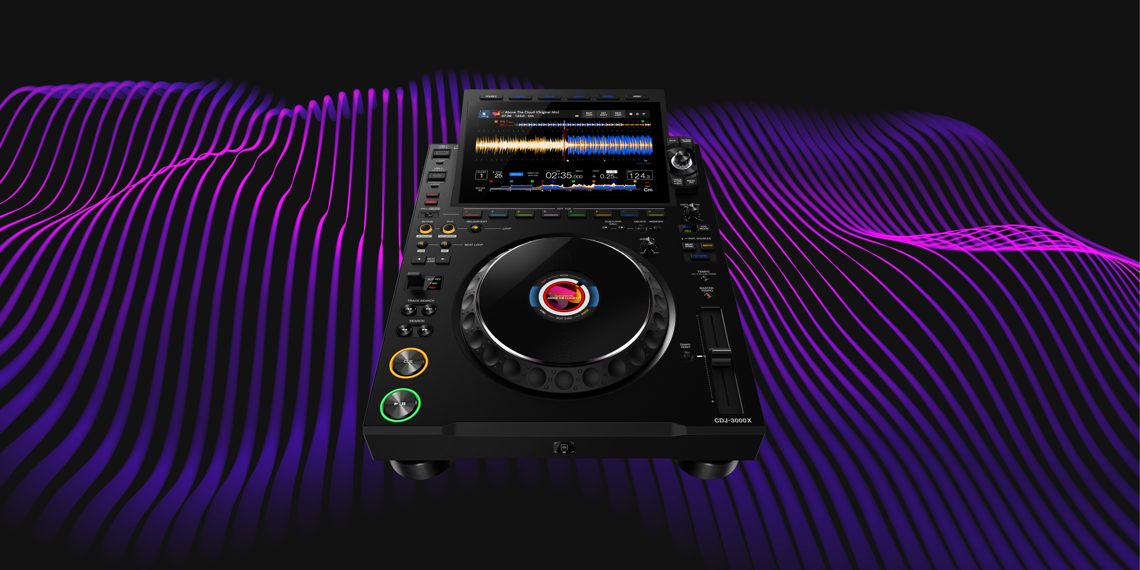 Alpha Theta CDJ 3000X on purple waves background